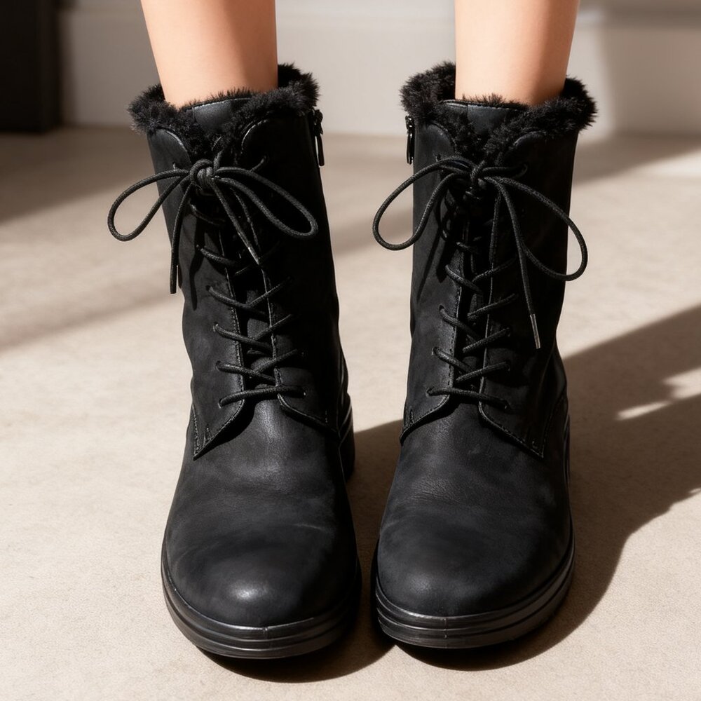 Ecco Sherpa Lined Lace Up Boots Women’s 10–10.5 Black Winter